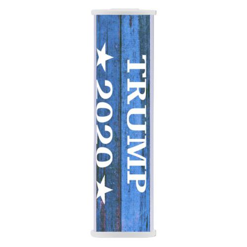 Personalized portable phone charger personalized with "Trump 2020" on blue wood grain design