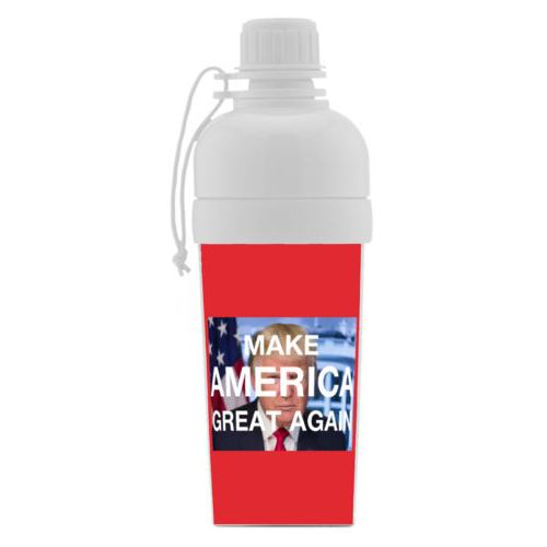Custom kids water bottle personalized with Trump photo and "Make America Great Again" design