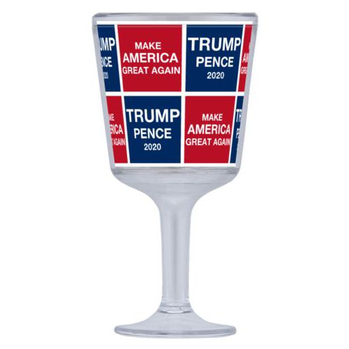 Plastic wine glass personalized with "Trump Pence 2020" and "Make America Great Again" tiled design