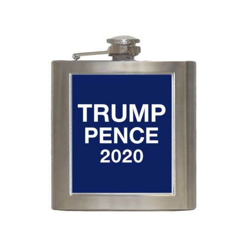 6oz steel flask personalized with "Trump Pence 2020" on blue design