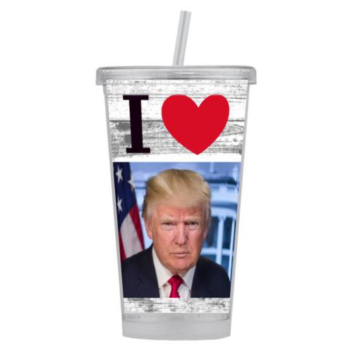Tumbler personalized with "I Love Trump" with photo design