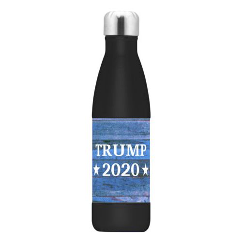 17oz insulated steel bottle personalized with "Trump 2020" on blue wood grain design