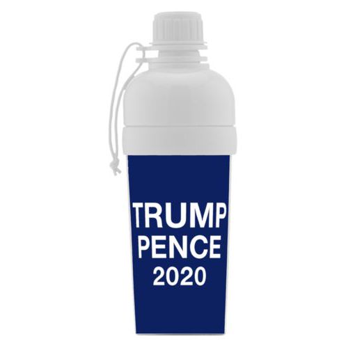 Custom sports bottle personalized with "Trump Pence 2020" on blue design