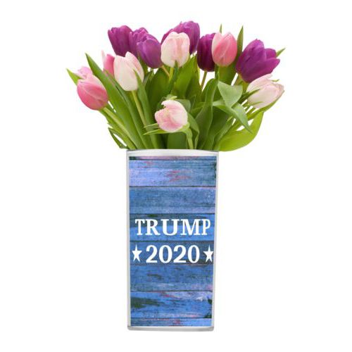 Custom vase personalized with "Trump 2020" on blue wood grain design