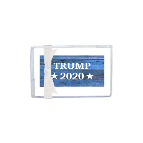 Enclosure cards personalized with "Trump 2020" on blue wood grain design