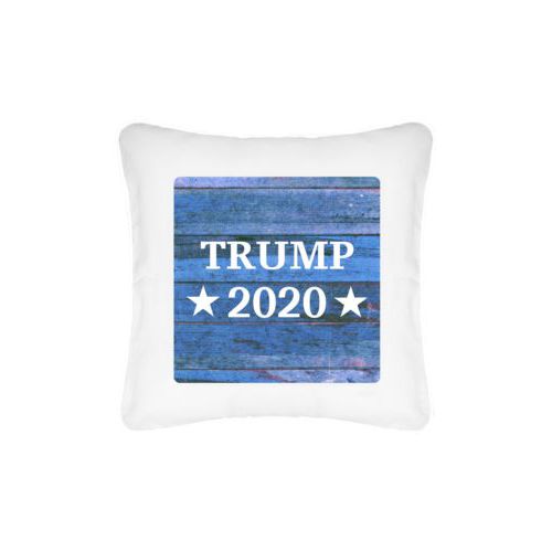 Custom pillow personalized with "Trump 2020" on blue wood grain design