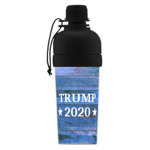 Custom sports bottle for kids personalized with "Trump 2020" on blue wood grain design