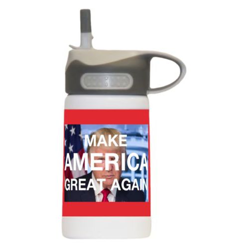 12oz insulated steel sports bottle personalized with Trump photo and "Make America Great Again" design