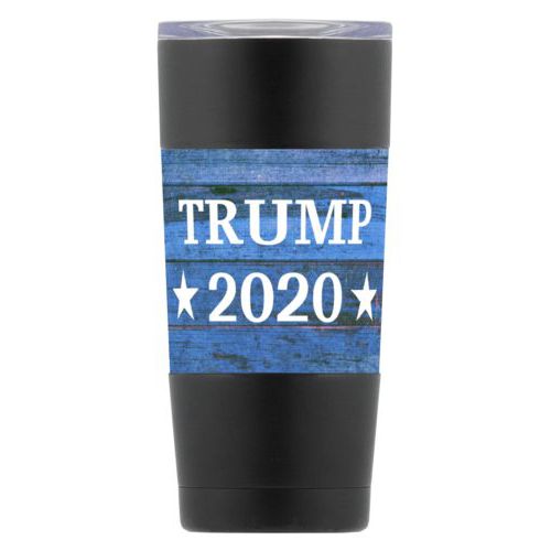 20oz insulated steel mug personalized with "Trump 2020" on blue wood grain design