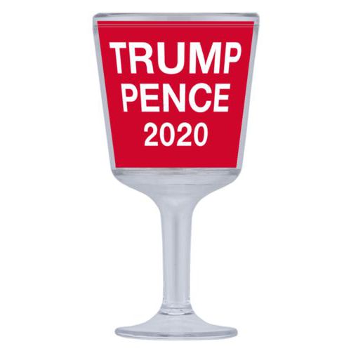 Plastic wine glass personalized with "Trump Pence 2020" on red design
