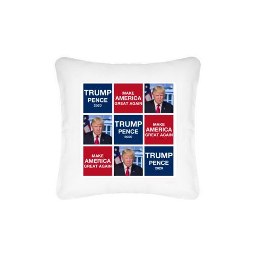 Personalized pillow personalized with Trump photo with "Trump Pence 2020" and "Make America Great Again" tiled design
