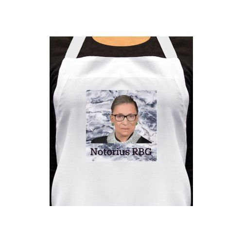 Personalized apron personalized with white pattern and photo and the saying "Notorius RBG"