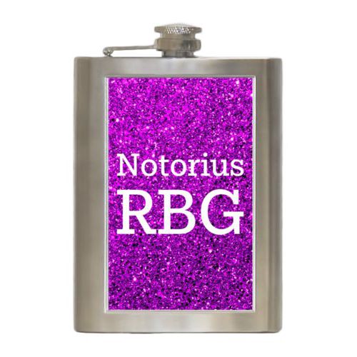 8oz steel flask personalized with "Notorious RGB" on purple design