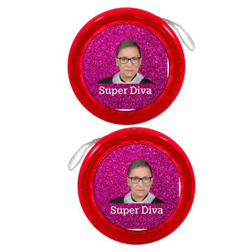 Personalized yoyo personalized with pink glitter pattern and photo and the saying "Super Diva"