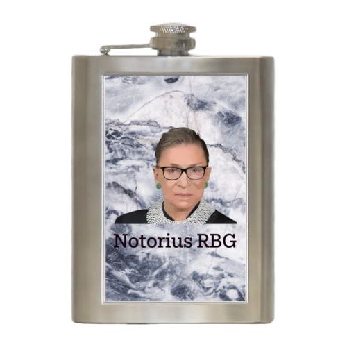 Durable steel flask personalized with Ruth Bader Ginsburg drawing and "Notorious RGB" on marble design