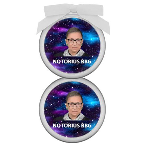 Personalized ornament personalized with Ruth Bader Ginsburg drawing and "Notorious RGB" on galaxy design