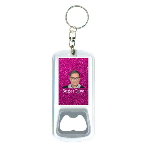 Personalized bottle opener personalized with pink glitter pattern and photo and the saying "Super Diva"