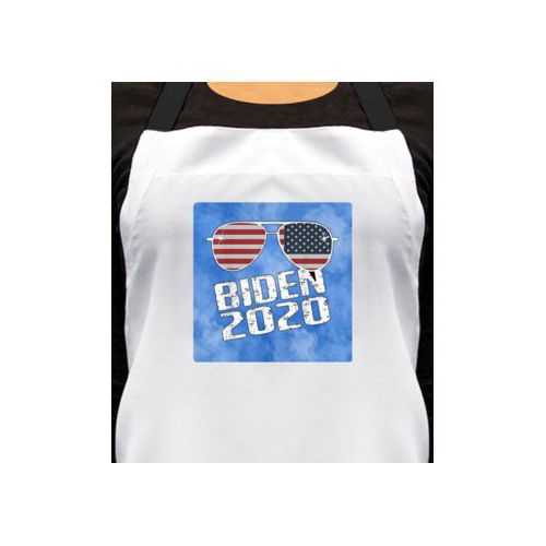 Personalized apron personalized with "Biden 2020" sunglasses on blue cloud design