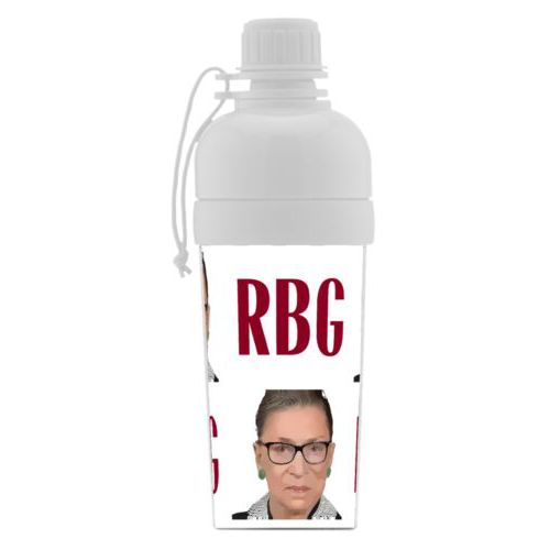 Kids water bottle personalized with a photo and the saying "RBG" in white and maroon