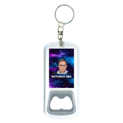 Bottle opener with key ring personalized with Ruth Bader Ginsburg drawing and "Notorious RGB" on galaxy design