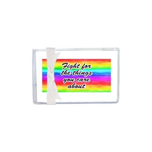 Enclosure cards personalized with "Fight for the things you care about" on rainbow design