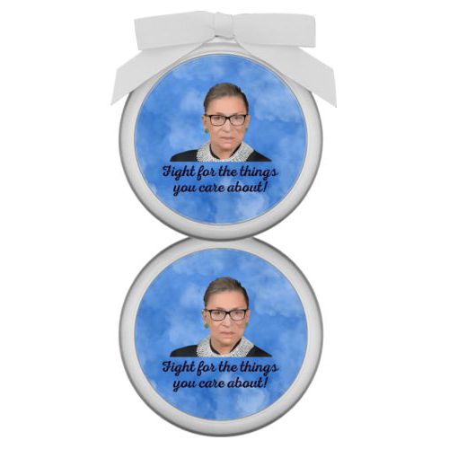 Personalized ornament personalized with Ruth Bader Ginsburg drawing and "Fight for the things you care about" on blue design