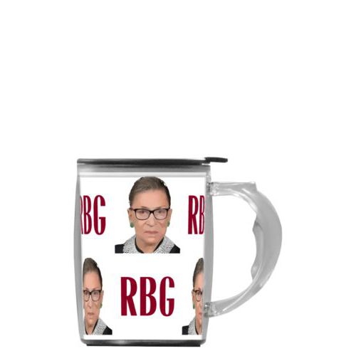 Custom mug with handle personalized with Ruth Bader Ginsburg drawing and "RGB" tiled design