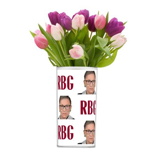 Personalized vase personalized with a photo and the saying "RBG" in white and maroon