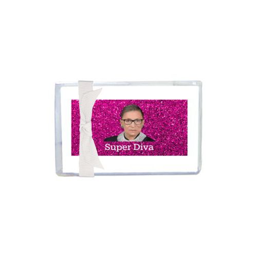 Personalized enclosure cards personalized with pink glitter pattern and photo and the saying "Super Diva"