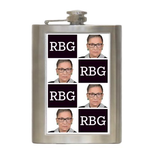 Personalized 8oz flask personalized with a photo and the saying "RBG" in black and white