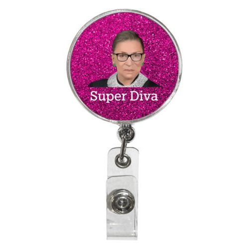 Personalized badge reel personalized with Ruth Bader Ginsburg drawing and "Super Diva" design