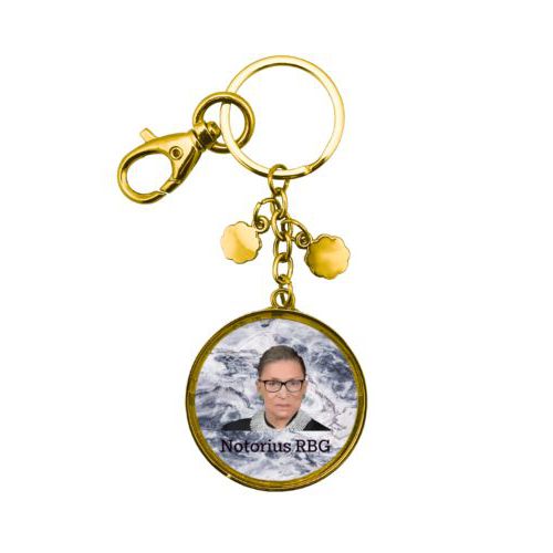 Personalized keychain personalized with Ruth Bader Ginsburg drawing and "Notorious RGB" on marble design