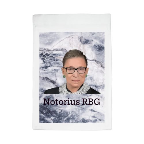 Personalized yard flag personalized with Ruth Bader Ginsburg drawing and "Notorious RGB" on marble design