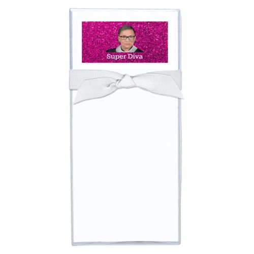 Personalized note sheets personalized with pink glitter pattern and photo and the saying "Super Diva"