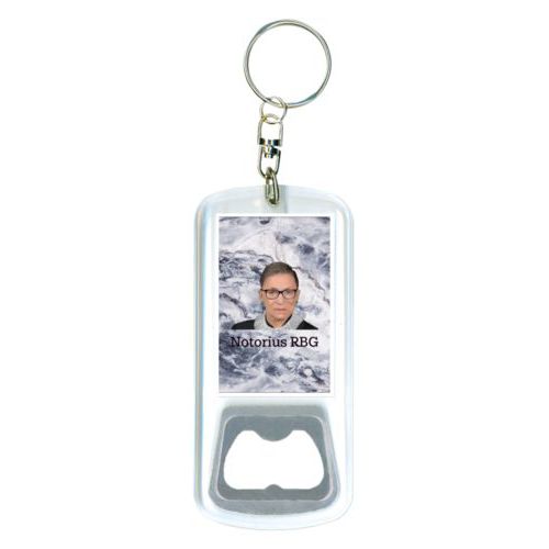 Personalized bottle opener personalized with white pattern and photo and the saying "Notorius RBG"