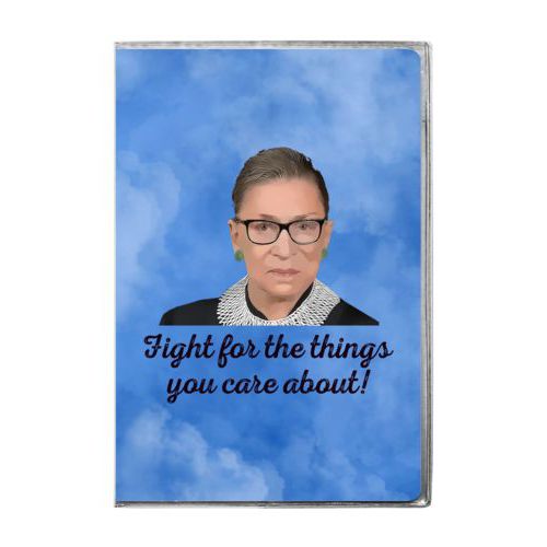 Personalized journal personalized with blue cloud pattern and photo and the saying "Fight for the things you care about!"