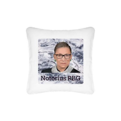 Personalized pillow personalized with white pattern and photo and the saying "Notorius RBG"