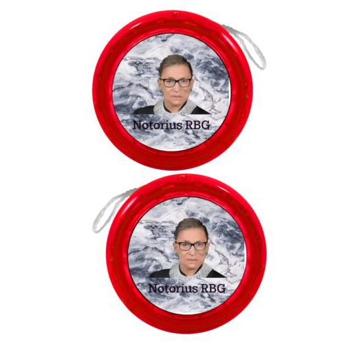Personalized yoyo personalized with Ruth Bader Ginsburg drawing and "Notorious RGB" on marble design