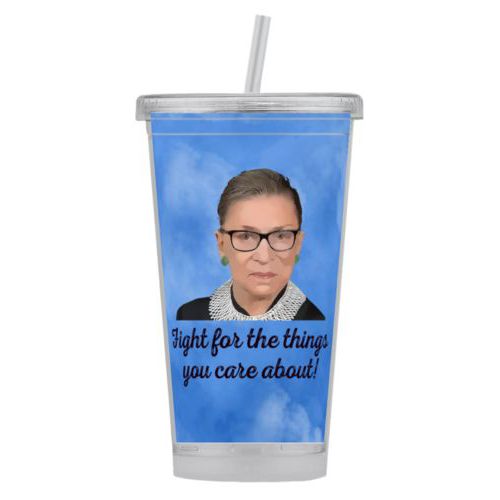 Tumbler personalized with Ruth Bader Ginsburg drawing and "Fight for the things you care about" on blue design