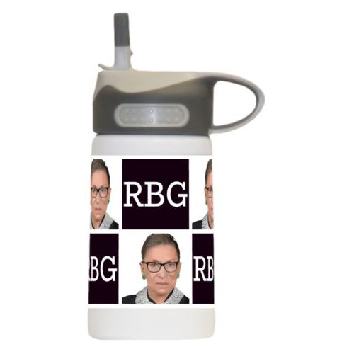 Water bottle for kids personalized with a photo and the saying "RBG" in black and white