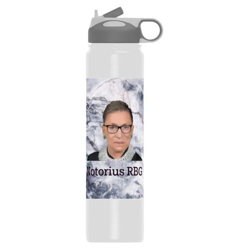 24oz insulated steel sports bottle personalized with Ruth Bader Ginsburg drawing and "Notorious RGB" on marble design