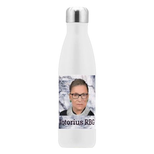 17oz insulated steel bottle personalized with Ruth Bader Ginsburg drawing and "Notorious RGB" on marble design