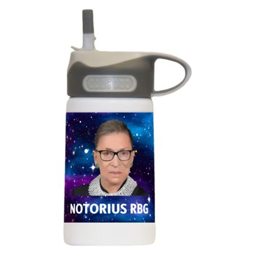 Safest water bottle for kids personalized with galactic pattern and photo and the saying "NOTORIUS RBG"