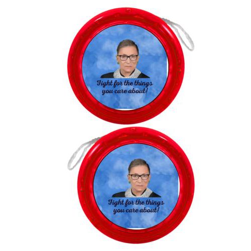 Personalized yoyo personalized with Ruth Bader Ginsburg drawing and "Fight for the things you care about" on blue design