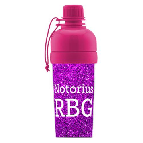Custom sports bottle personalized with "Notorious RGB" on purple design