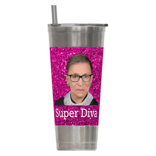 Personalized insulated steel tumbler personalized with pink glitter pattern and photo and the saying "Super Diva"