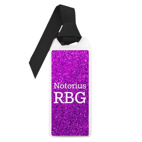 Personalized book mark personalized with fuchsia glitter pattern and the saying "Notorius RBG"