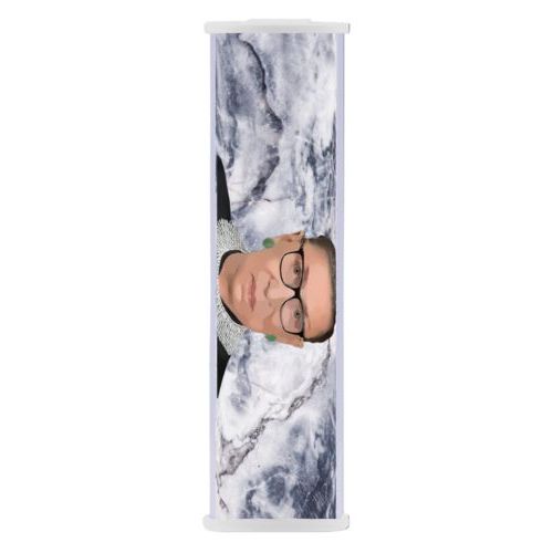 Personalized portable phone charger personalized with Ruth Bader Ginsburg drawing and "Notorious RGB" on marble design