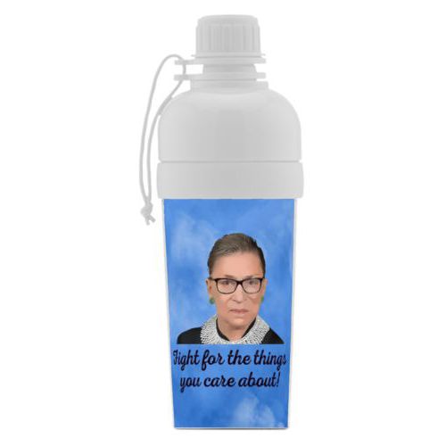 Kids water bottle personalized with blue cloud pattern and photo and the saying "Fight for the things you care about!"