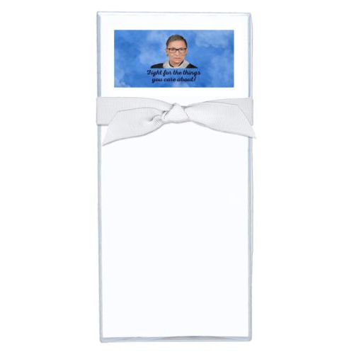 Personalized note sheets personalized with blue cloud pattern and photo and the saying "Fight for the things you care about!"
